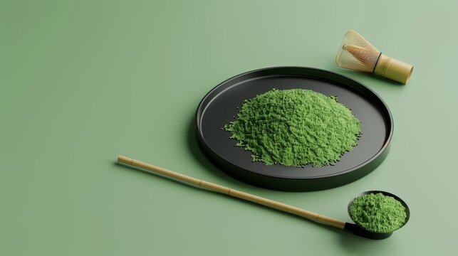 An illustration of a matcha powder bowl isolated on a black plate and a tea scoop made from bamboo. An element of a traditional Japanese tea ceremony.