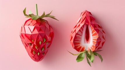 Several strawberries, one whole and one chopped, are isolated on pink background in paper art style.