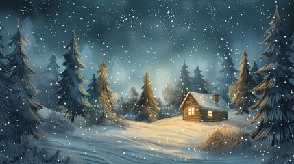Wintry night scene with a snug cabin and snow-laden trees, perfect for serene holiday backgrounds.