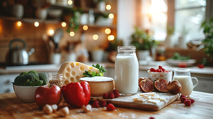 Cozy kitchen scene with fresh groceries including milk, cheese, vegetables, and fruits on a wooden table, with warm bokeh lights in the background. - 783053574