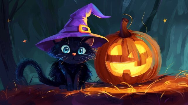 Enchanted black kitten with a purple hat beside a luminous carved pumpkin.