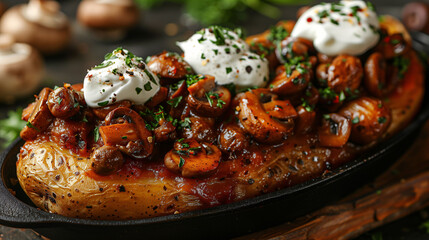 Sizzling hot skillet with seasoned mushrooms and onions topped with dollops of sour cream and fresh herbs, served on a rustic wooden table. - 783053724