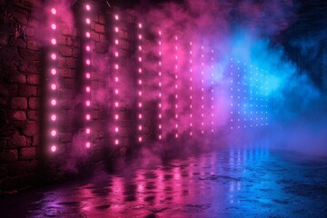 Pink and blue LED lights cast a vivid glow against a brick wall with haze, evoking a moody ambiance