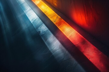 Vivid light interplay in a minimalist design. A blue-to-green gradient beam meets an orange-to-red one, creating a brilliant central point against a dark background - obrazy, fototapety, plakaty