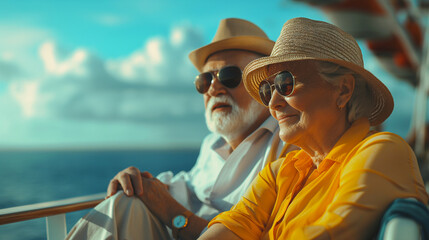 Senior couple man and woman sitting in sun loungers on the deck of a cruise ship. Cruise travel for senior couples, concept. - obrazy, fototapety, plakaty