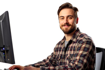 Tech Expertise and Approachability: Smiling IT professional working at a computer station