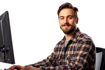 Tech Expertise and Approachability: Smiling IT professional working at a computer station