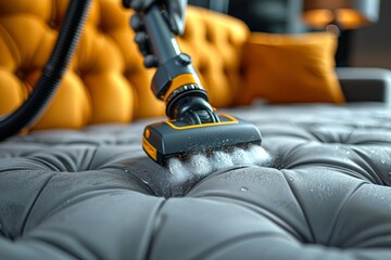 Detailed image of an orange vacuum cleaner deep cleaning a luxury gray tufted sofa with foam