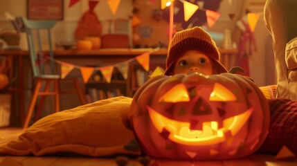 Child with a huge carved pumpkin in cozy indoor setting, ideal for family Halloween content.