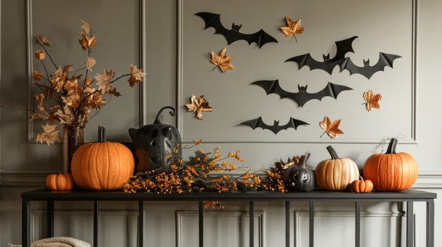 Seasonal display with jack-o'-lanterns and colorful leaves, ideal for harvest decor.