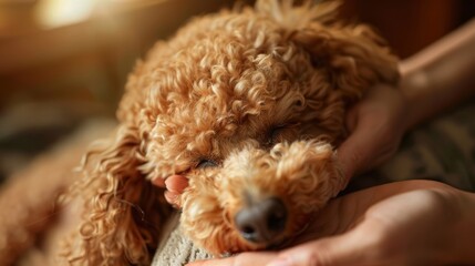 Poodle enjoying a gentle pat, great for content about pets and relaxation.