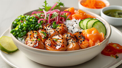 A vibrant poke bowl with grilled salmon, fresh cucumber, carrots, green onions, pickled red onion, sesame seeds, and rice, served with lime and sauce on the side. - 783053954