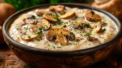 Creamy mushroom soup in a rustic bowl garnished with herbs, close-up with selective focus, perfect for a culinary blog or menu design. - 783053955