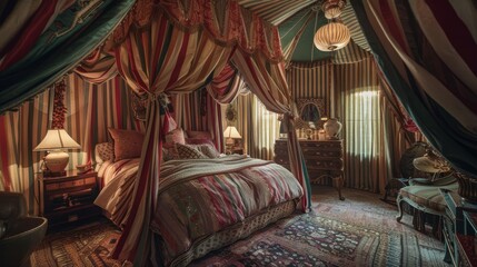 Elegant canopy bed in circus tent chic style, with soft lighting and plush textiles, dreamy and luxurious. Perfect for home decor and lifestyle magazines.