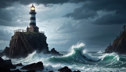 Fototapeta na wymiar A lighthouse stands defiant against tempestuous waves under a brooding sky, a beacon of hope amidst nature's fury.. AI Generation