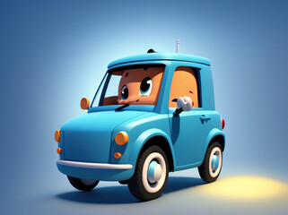 A small blue car with a smiling face on the front.