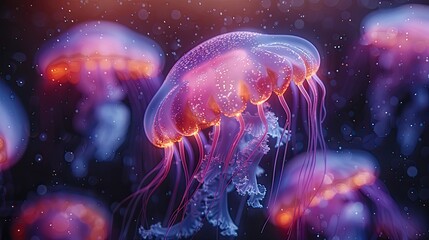 Naklejka premium Eerie Glow of Moon Jellyfish Illuminates the Darkness of the Deep Sea.