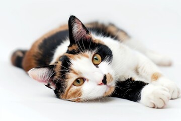 Isolated Calico Cat with Beautiful Fur Pattern, Posing for Camera in High Key Indoor Setting - obrazy, fototapety, plakaty