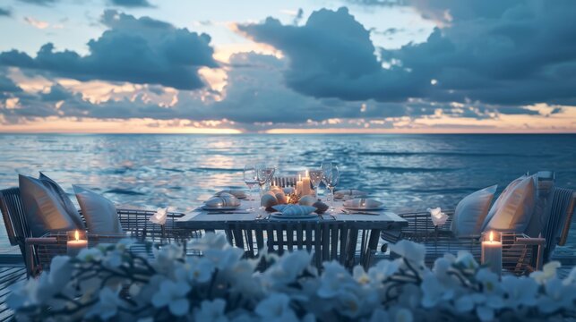 Candlelit table by the sea at dusk, great for depicting romantic getaways or proposals.