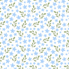 Vintage seamless floral pattern. Simple style background of small pastel color flowers. Small blooming flowers. White background. Hand drawn vector for printing on surfaces and web design.