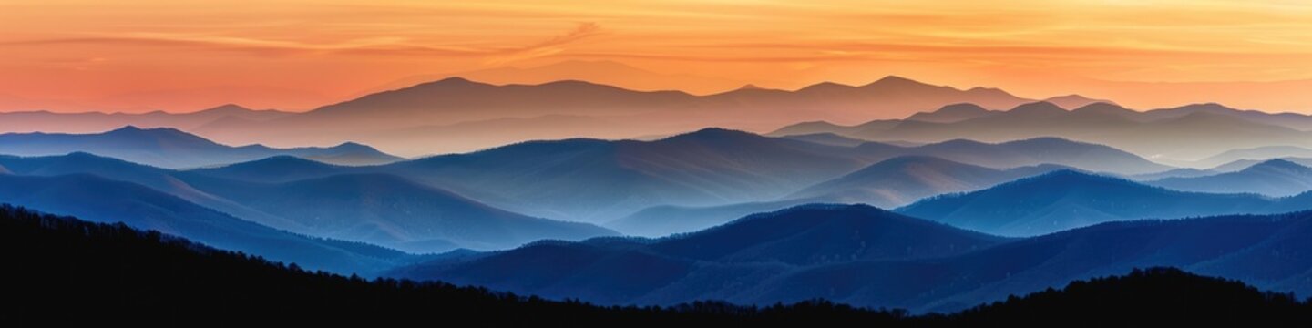 Majestic Smoky Mountain Ridges at Sunset in Blue and Orange Colors with Fog. Scenic Country View of Great Smoky Mountains on Foggy Horizon
