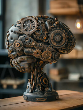 A steampunk brain made of gears and cogs, intricately designed to represent the intricate nature of mental health in an artistic way. The sculpture is set on a wooden table with soft lighting