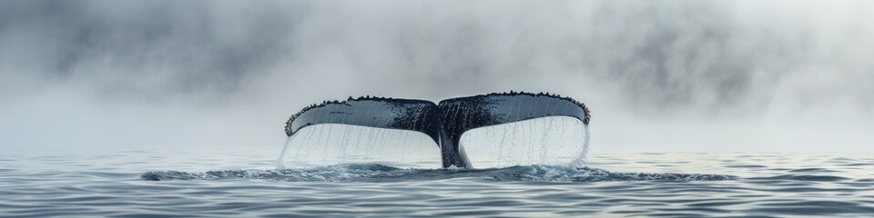 North Coast Seascape with Humpback Whale Tail Emerging from Foggy Surface