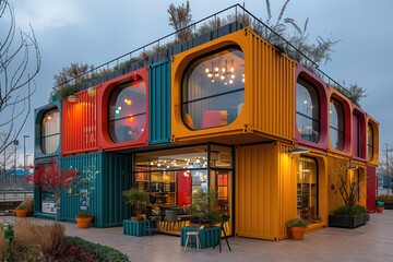 Cargo containers repurposed as emergency shelters or aid distribution centers in disaster-stricken areas, providing temporary housing and essential supplies to affected communities - obrazy, fototapety, plakaty