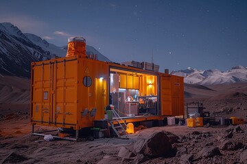 Cargo containers repurposed as emergency shelters or aid distribution centers in disaster-stricken areas, providing temporary housing and essential supplies to affected communities