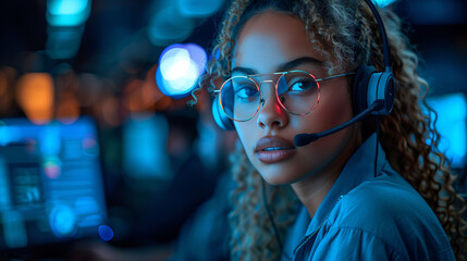 Focused female professional with headset in a high-tech control room, illuminated by blue screens, embodying modern communication and technology. - 783054566