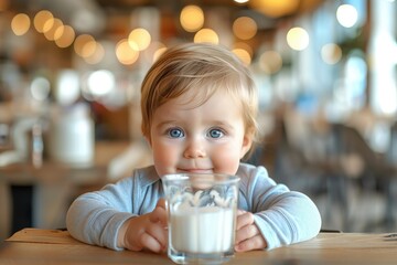 Cute baby boy with glass of milk in cafe - obrazy, fototapety, plakaty