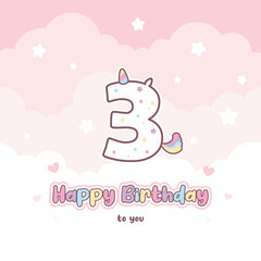 Third birthday greeting card with cute unicorn number