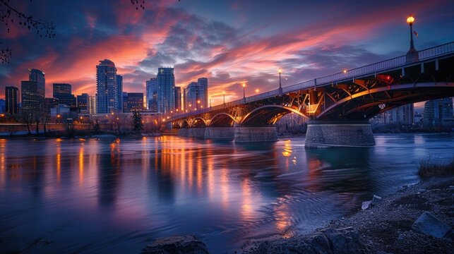 Peace Bridge Sunset over Skyline. Beautiful Urban City Landscape with Eye-Catching Architecture and Water Views
