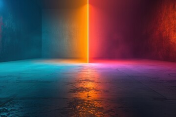 Abstract light beams in minimalist style: One gradient transitions from blue to green, the other from orange to red. They meet in a bright point against a black background. 
