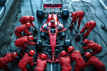 Professional pit crew ready for action as their team's race car arrives in the pit lane during a pitstop of a car race 