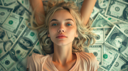 Young woman lying on a bed of US dollar bills, looking up at the camera with a serene expression, surrounded by money, concept of wealth and success. - 783054785