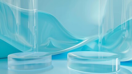 The 3D illustration is made up of clear aqua blue glass pedestals and a wavy shape divider wall....