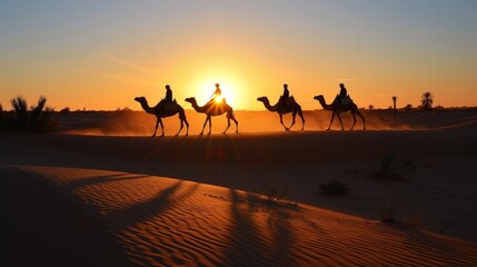 Fototapeta na wymiar In the fading light of sunset, camels and their riders weave through the desert, their silhouettes casting long shadows on the sand.