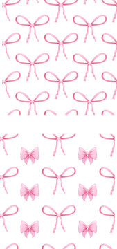 Coquette pink bow ribbon seamless pattern, elegant cute fabric print wallpaper on light background.