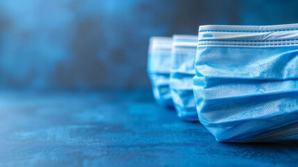 Stack of disposable blue medical face masks on a textured blue background with selective focus and copy space, concept for healthcare and infection control. - 783055317
