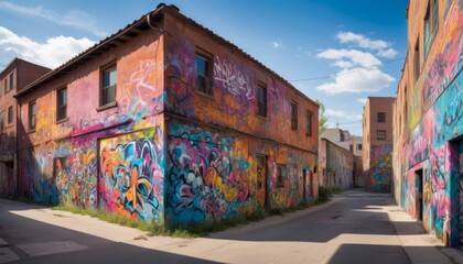 An urban corner teeming with vibrant graffiti art on an old building, illustrating street culture...
