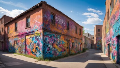 Fototapeta premium An urban corner teeming with vibrant graffiti art on an old building, illustrating street culture and creativity for stock photo collections.. AI Generation