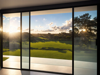 A room with a large window that looks out onto a golf course.