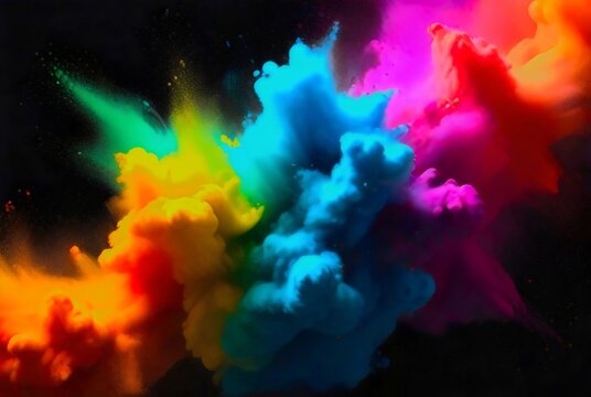 Holi paint rainbow multi colored powder explosion on background