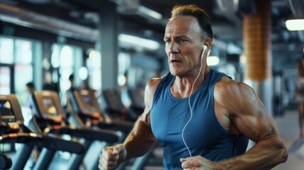 Fototapeta na wymiar Man Running on Gym Treadmill