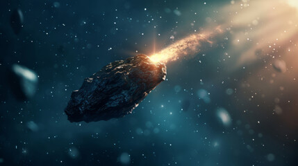 Closeup of a comet with a blurry background.Volumetric Lighting - obrazy, fototapety, plakaty