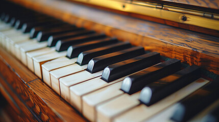 Close-up of piano keys with a shallow depth of field, highlighting the texture and detail of the wooden instrument. - 783055787