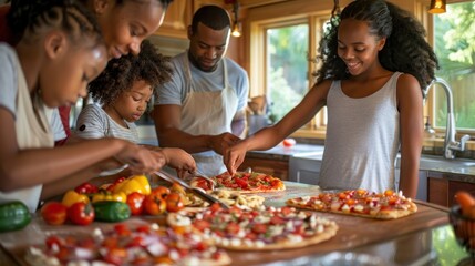 A family of four is making pizza together in the kitchen
