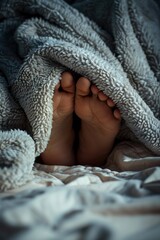 A person's feet are covered by a blanket
