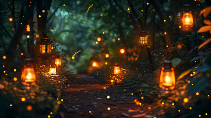 The forest path was lit by a series of lanterns.